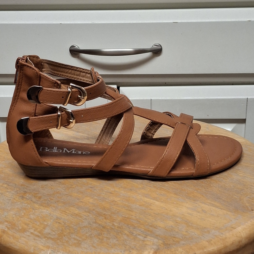 Bella Marie Tan Strappy Sandals with Buckle Closures